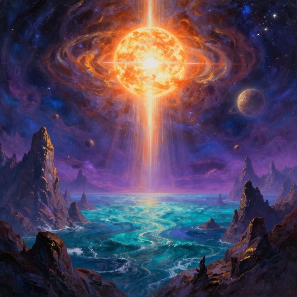 A glowing star dominates the sky, casting light over jagged mountains and a colorful ocean. Swirling clouds and distant stars fill the sky, with floating planets adding to the surreal, detailed scene. Vibrant colors and dramatic lighting create a mystical, detailed alien landscape.