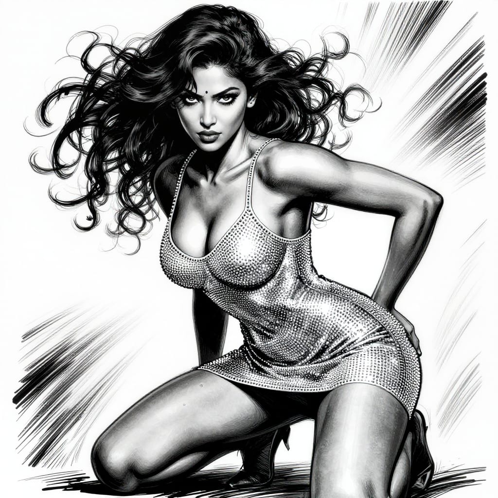 Comic book style: Indian woman in silver dress, dynamic pose, bold hair, intense eyes, rhinestones sparkle under dramatic lights. Athletic build, curvy hips, strong cleavage, flowing twist-out hair. Deep squat pose with high contrast lines, glowing metallic details.