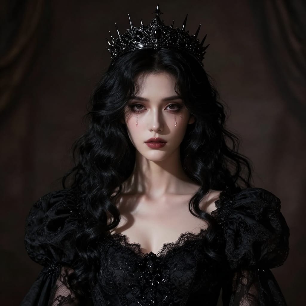 A regal woman in a black lace dress wears a spiked crown. Her tear adds emotion. Dark background and dramatic lighting highlight her face and hair. Hyperrealistic details capture every strand and texture. The scene feels mysterious and sad.