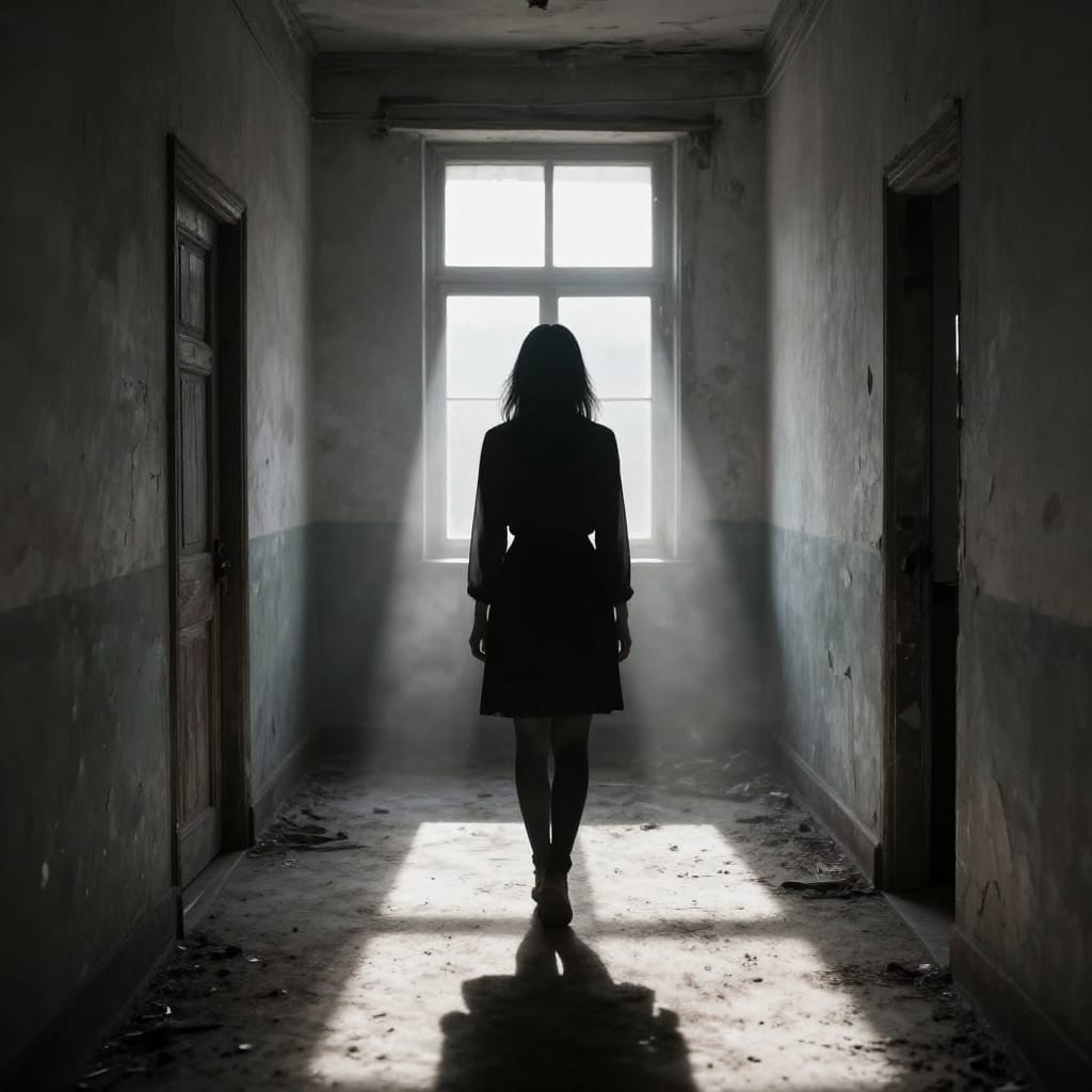 A young woman stands in an empty, old room, back to the camera, lit by harsh sunlight cutting through dust. Crumbling walls and a dusty floor surround her. The scene feels eerie, quiet, and full of forgotten shadows.