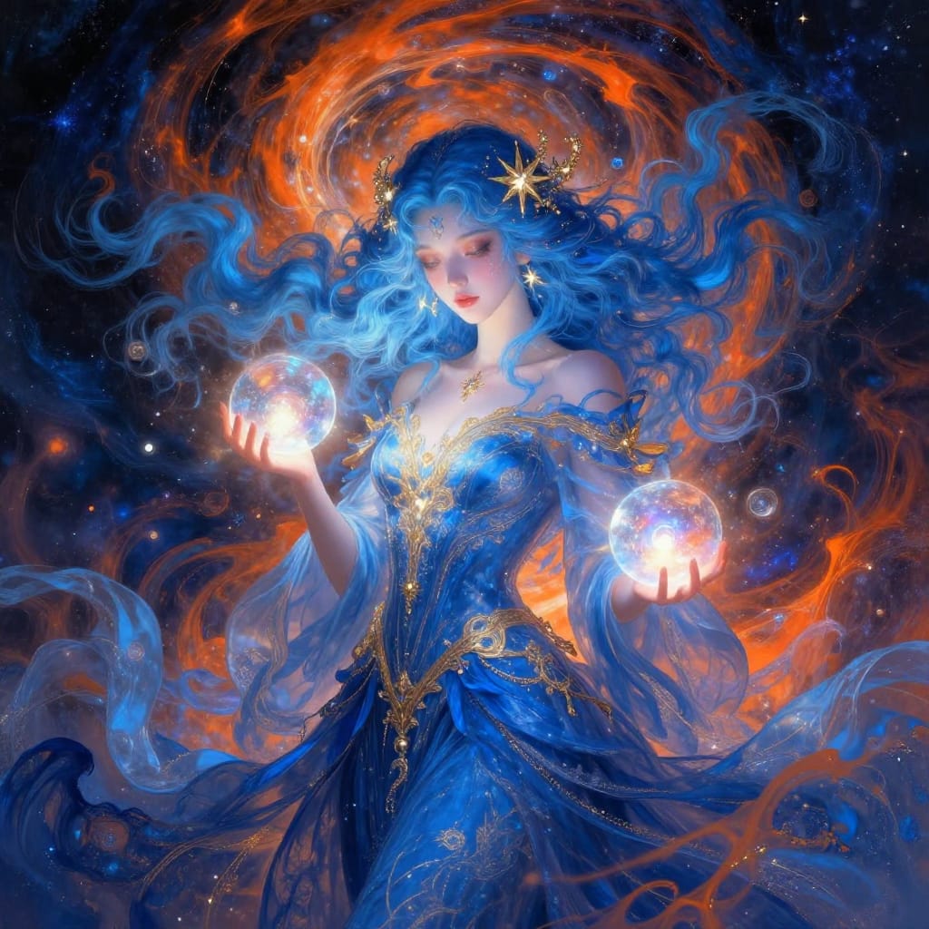 A blue-haired woman with golden stars stands in a cosmic swirl. Her glowing orbs light her face as vibrant orange and blue patterns dance around her. Digital art blends cool blues and warm oranges for a magical, awe-inspiring scene.