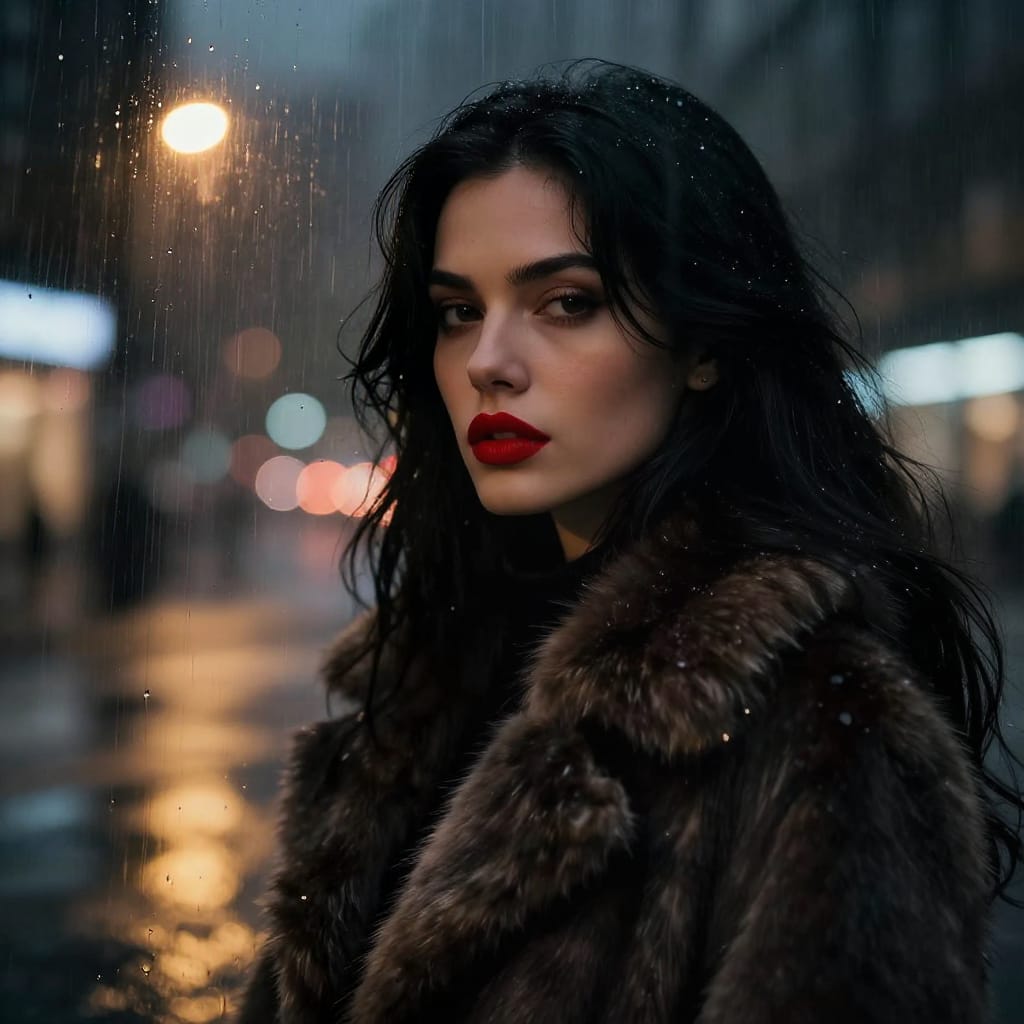 Close-up of a woman in a dark fur coat and red lipstick near a wet glass pane. Soft street lights reflect in the glass, blending with city neon. Her face is illuminated, creating a moody, elegant urban night scene.