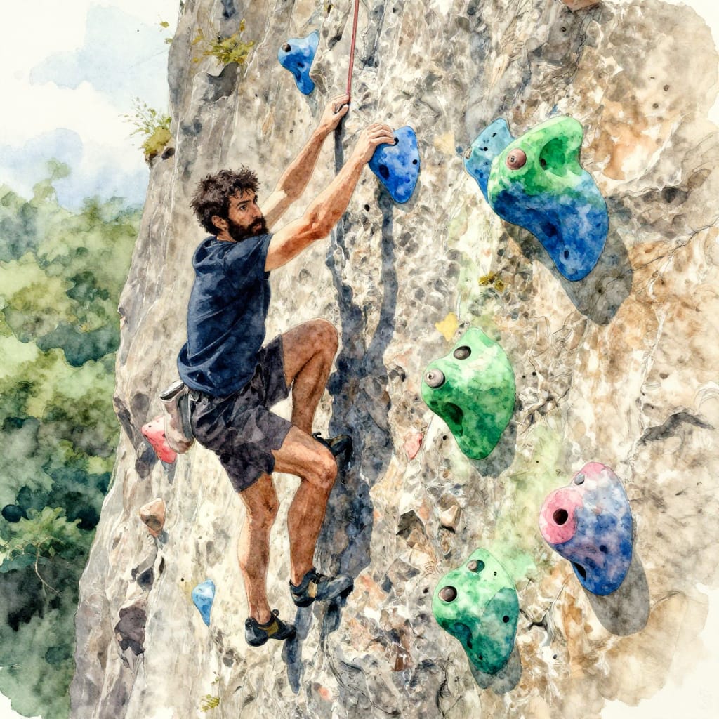 A climber in dark clothes scales a colorful rock wall. Exaggerated handholds in blue, green, and pink stand out against natural textures. Watercolor and ink blend softly, creating a dynamic, surreal scene with intense focus and soft light.