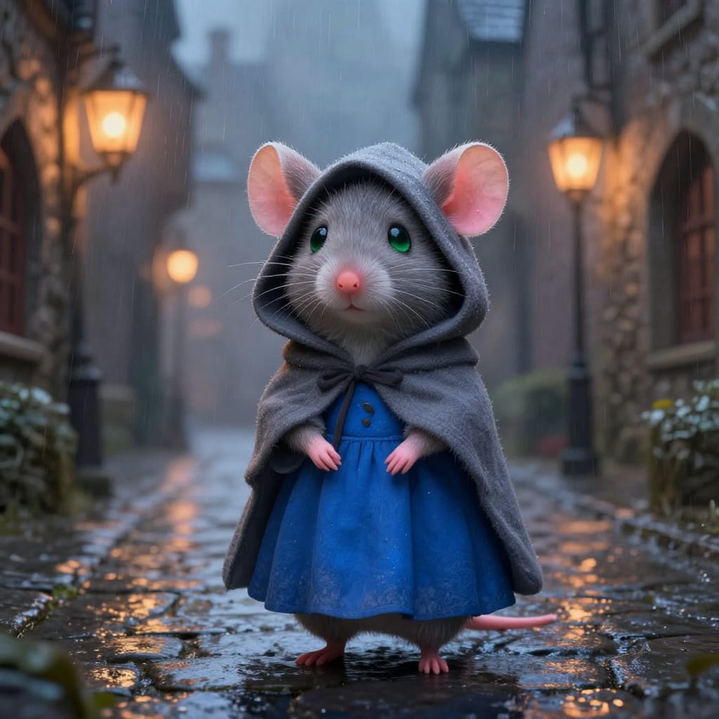 A pink-eared mouse in a medieval street, wearing a blue dress and gray cloak. Rainy, warm lights glow softly. Detailed textures, soft colors, serene vibe. Anime-style fantasy scene.