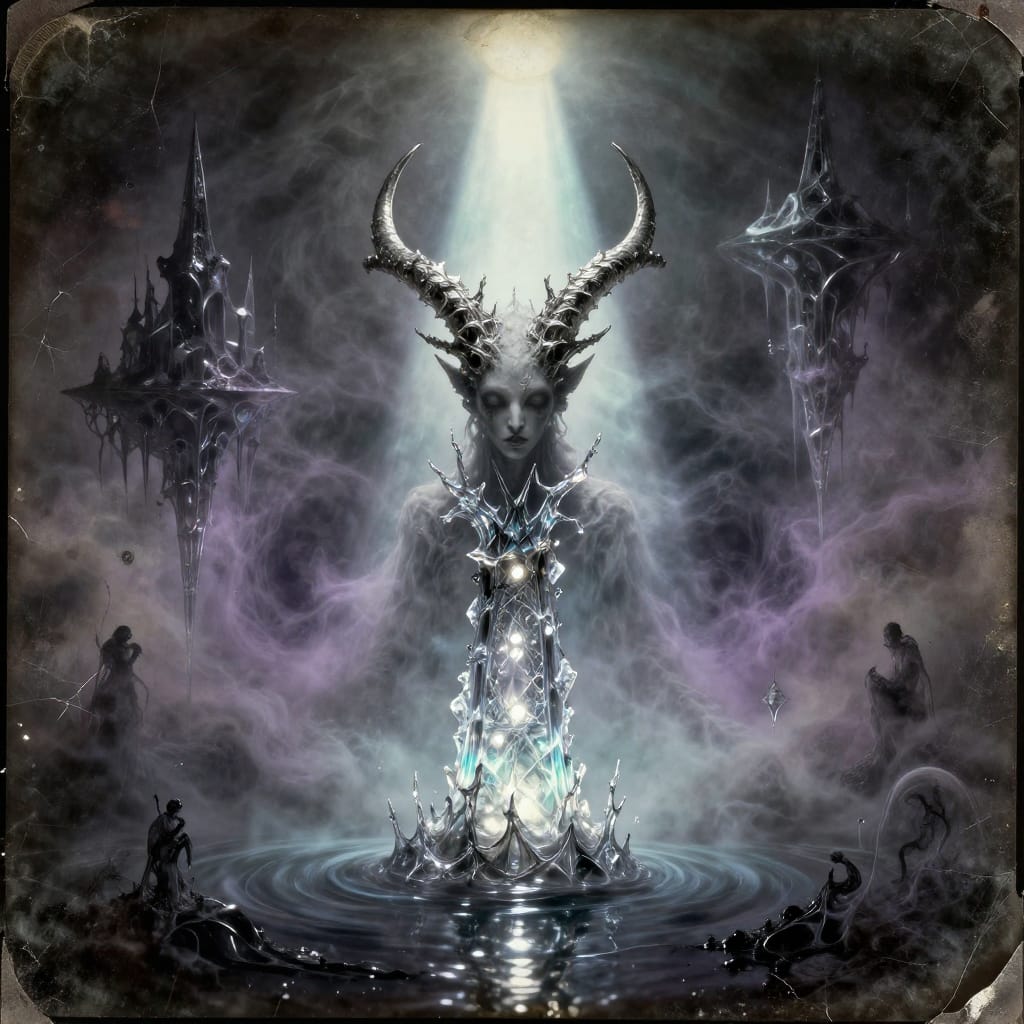 A spooky Victorian photo shows a ghostly horned creature rising from mercury. Its antlers form a glowing lighthouse, pierced by a spotlight cutting through cosmic fog. Portals reveal twisted landscapes, cracked plate details, and soft pastel dust in the air.