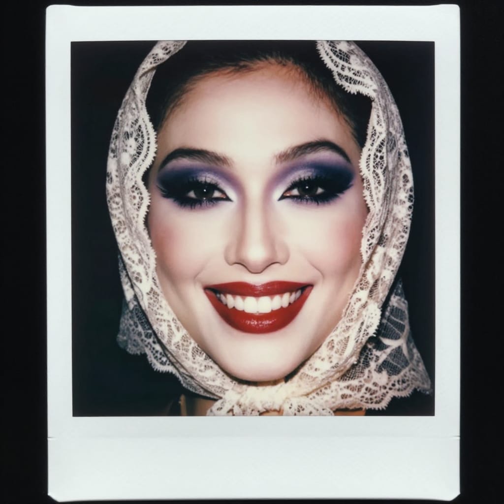 Close-up portrait with bold makeup and a vintage Polaroid frame. Sharp eyes, red lipstick, and a lace headscarf catch light. Soft lighting highlights the face against a plain background. Theatrical and cinematic vibe.