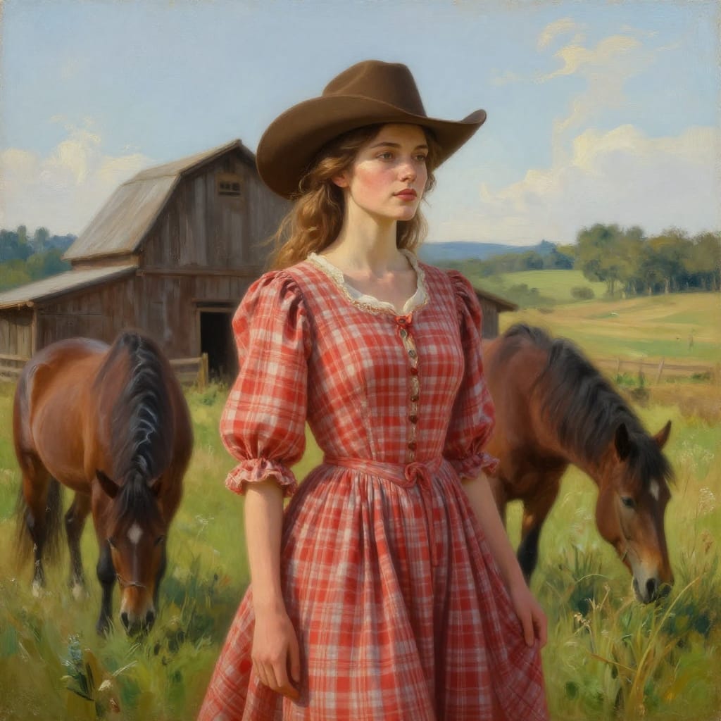 A woman in a cowboy hat and red-white plaid dress stands in a peaceful rural scene. Soft light highlights her, a barn, and calm horses grazing. Earthy colors and detailed textures create a tranquil, nostalgic Western feel.