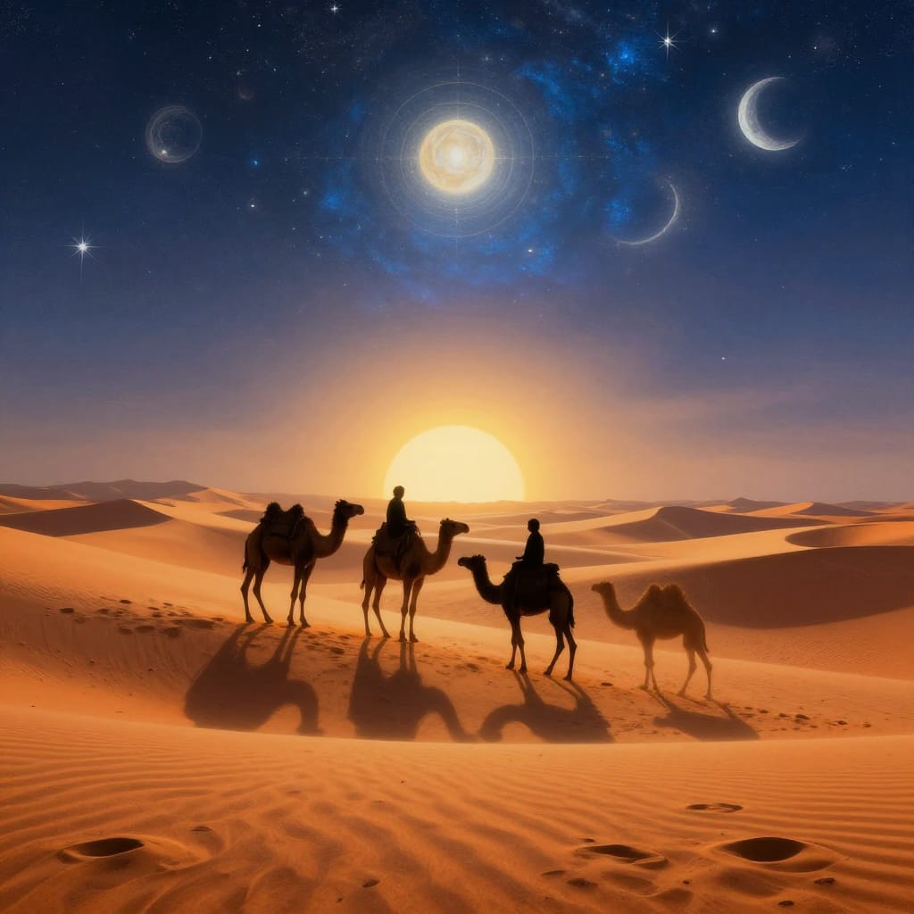 Two camels carry riders across glowing sand dunes under a starry sky. Celestial lights cast soft shadows, blending warm sands with cool skies. The scene feels peaceful, magical, and timeless.