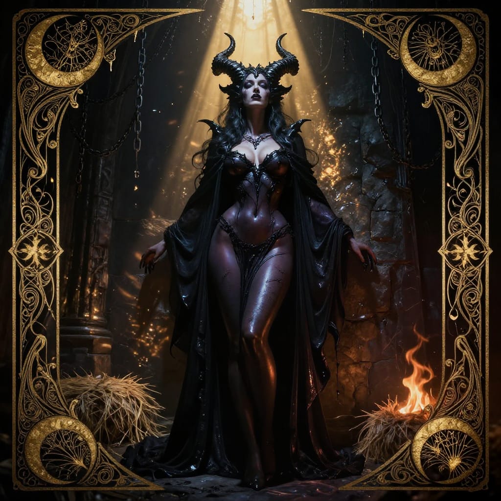 A demoness princess stands in a dark dungeon, her obsidian horns and glowing skin framed by intricate Art Nouveau borders. Firelight casts shadows as she leans against a stone wall, exuding power and seduction.