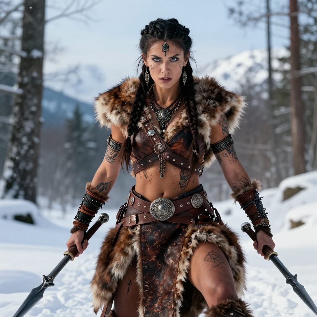 A warrior woman stands tough, weapons in hand. Her fur-trimmed leather and tattoos show strength. Tribal jewelry glints in the snow. Mountains and trees frame her fierce look. Natural light highlights her gear and intense expression. The scene feels cold, ready for battle.
