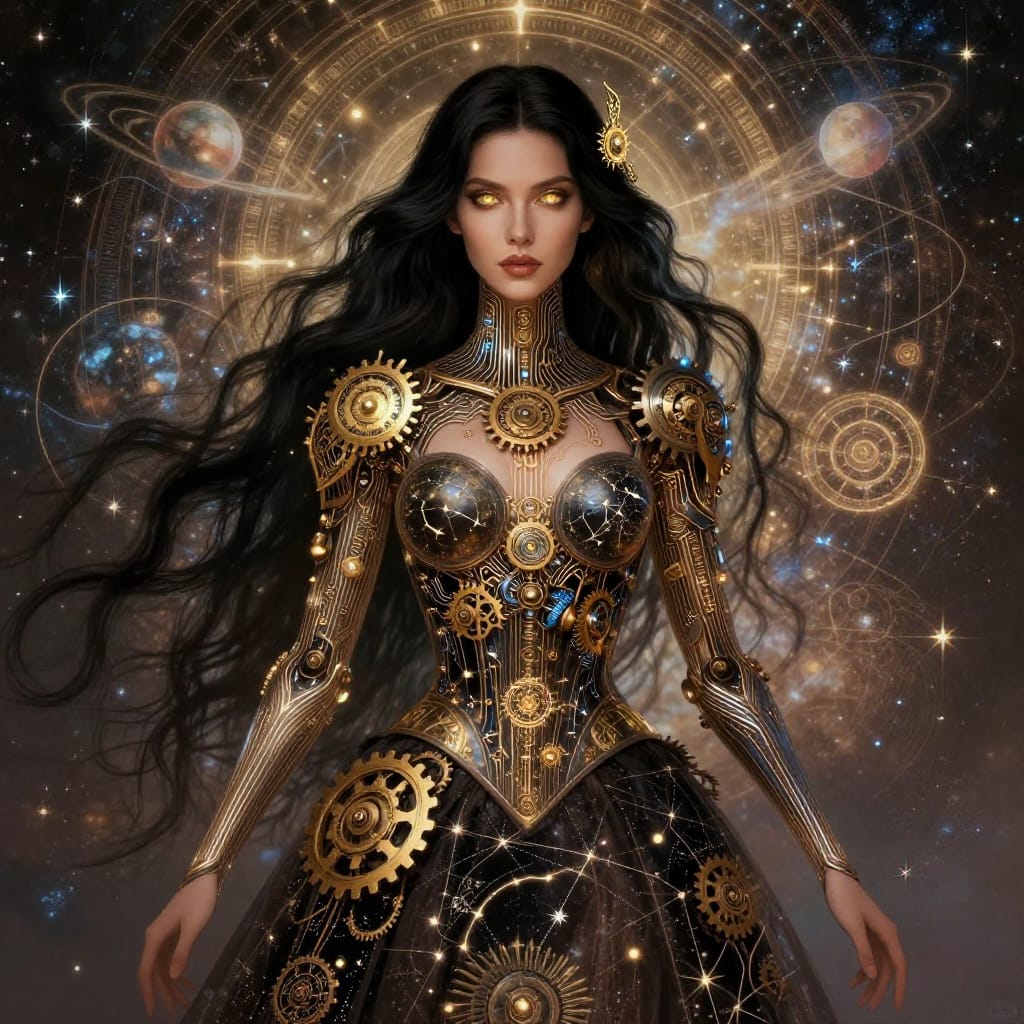 A woman with dark hair and golden eyes stands in a glowing steampunk scene. Her dress blends gears, circuits, and star patterns. Surrounded by swirling stars, planets, and glowing symbols. Warm golds, cool blues, and soft whites contrast against dark tones. The mix of tech and magic feels magical and mysterious.