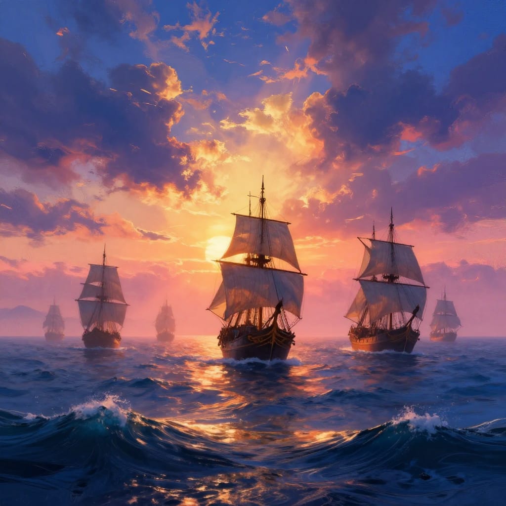 A digital painting shows ships sailing under a dramatic sunset. Waves reflect warm hues, deep blues, and golden light. Detailed masts and sails stand out against vibrant colors. The scene feels epic and vivid.