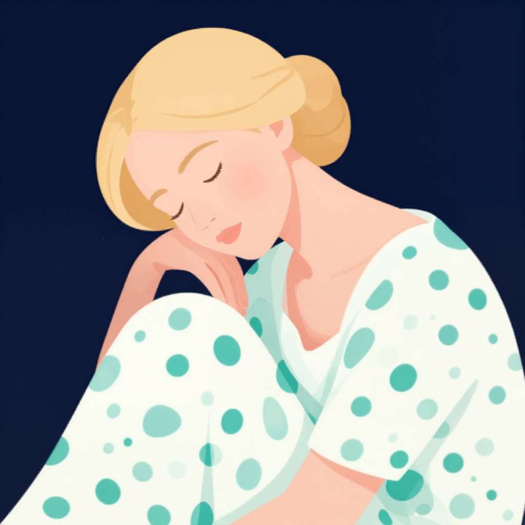 Close-up of a woman in a contemplative pose, chin on hand, eyes closed. Blonde updo catches soft light. White dress with teal dots, floral shawl. Dark navy background. Soft lighting highlights her face. Vector art style with clean lines and flat colors. Calm, nostalgic vibe.