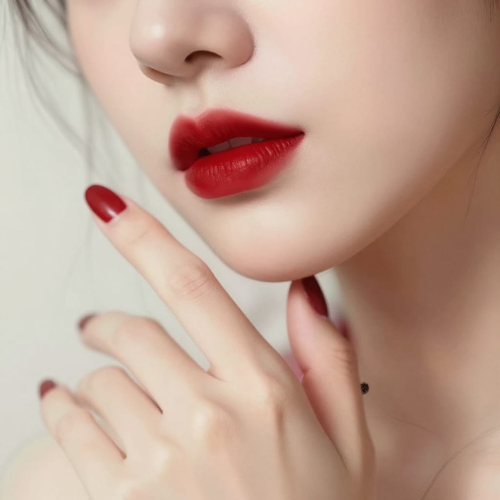 A close-up of a woman’s face and hand, softly lit with red lips and nails. Minimal background, balanced composition. Serene, intimate, detailed textures.