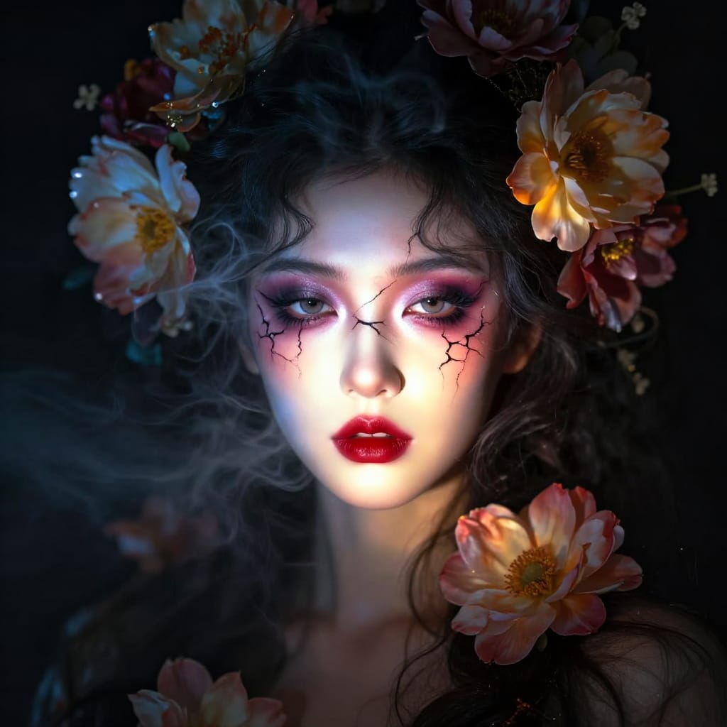 A woman with bold makeup and flowing flowers sits in a dark studio. High contrast lighting shows red lips, smoky eyes, cracked eye design. Smoke wisps from hair, focus on face, soft background blur. Dramatic lighting creates dreamy, artistic feel.