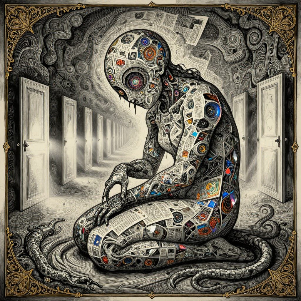 A surreal woodcut figure curls in a fetal position, eyes made of swirling newspaper clippings. Serpentine arms bite air, crystalline body refracts light. Floats in a void with glowing doors. Medieval borders and gold accents frame the scene.