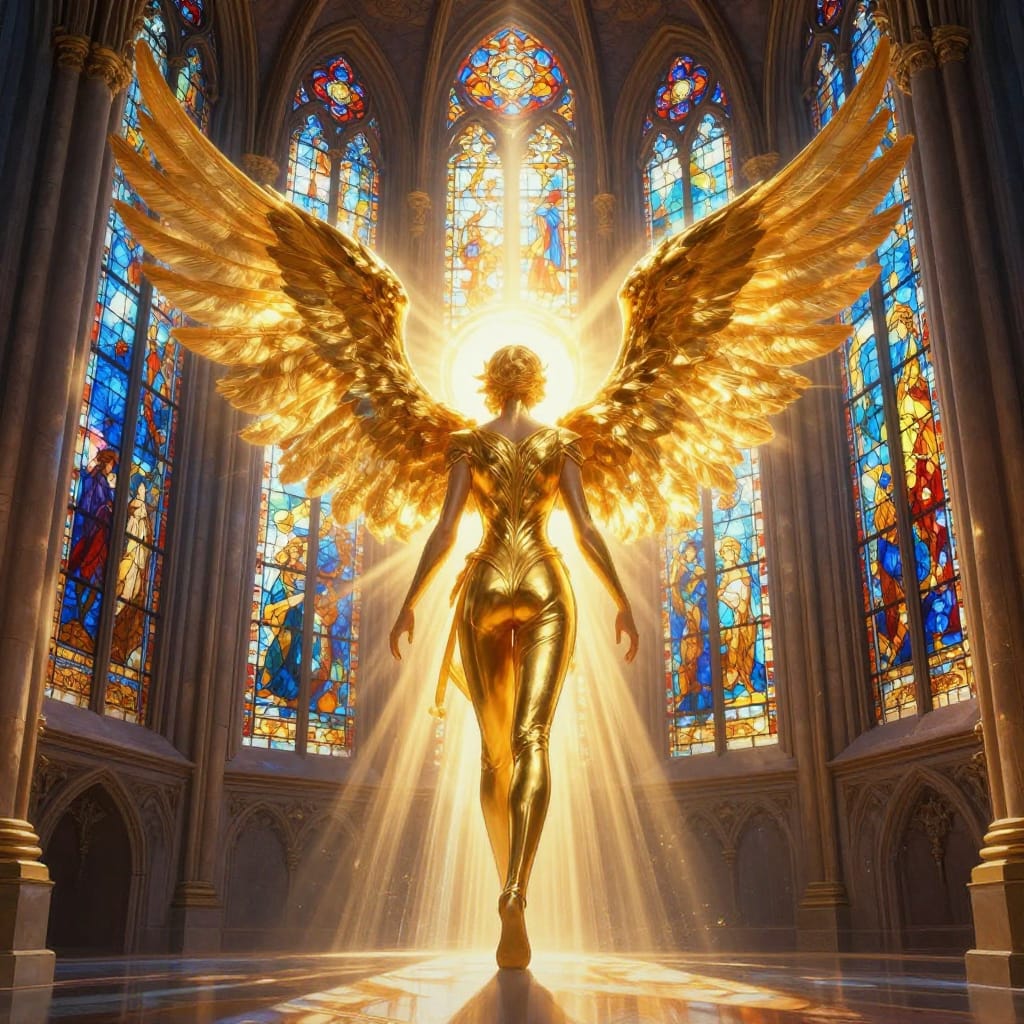 A golden-winged figure stands in a cathedral, glowing from stained glass light. Modern art on textured canvas shows warm golds and cool blues. Ethereal, regal, with dramatic shadows and radiant details.