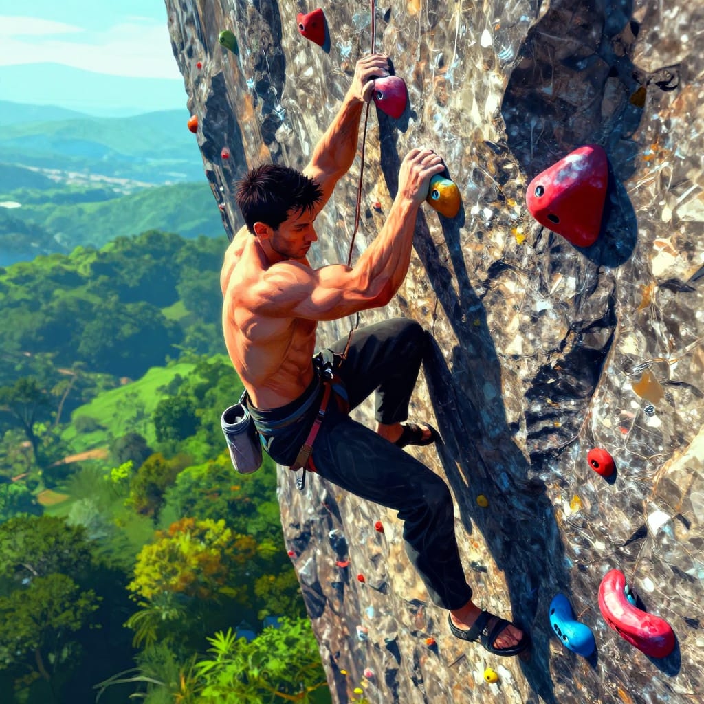 A guy climbs a rock wall, muscles defined, focused. Daylight highlights his form, casting sharp shadows. Vivid red, blue, yellow holds pop against stone. Green hills and trees frame the scene. Cyberpunk vibes blend tech and nature.