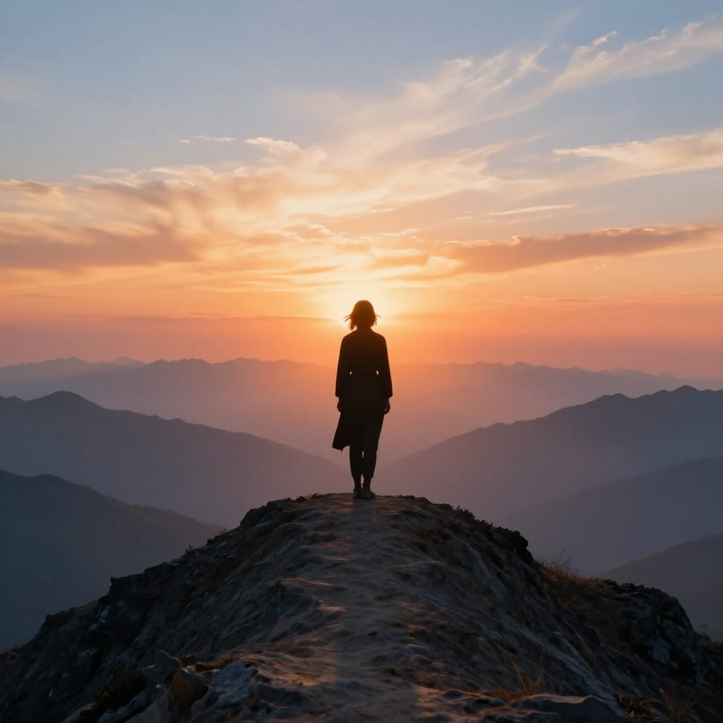 A woman stands on a mountain during sunset. Warm oranges and pinks contrast with cool blues. Clouds swirl, mountains have rocky details. Golden-hour light highlights the scene. Feels peaceful and inspiring.