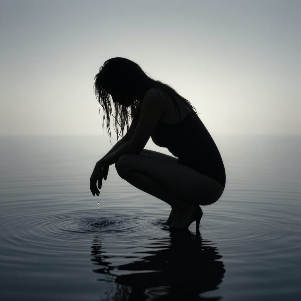 Woman crouches in water, hair dripping, high heels visible. Silhouette against dark reflection. Motion from droplets. Gradient sky, moody and quiet.