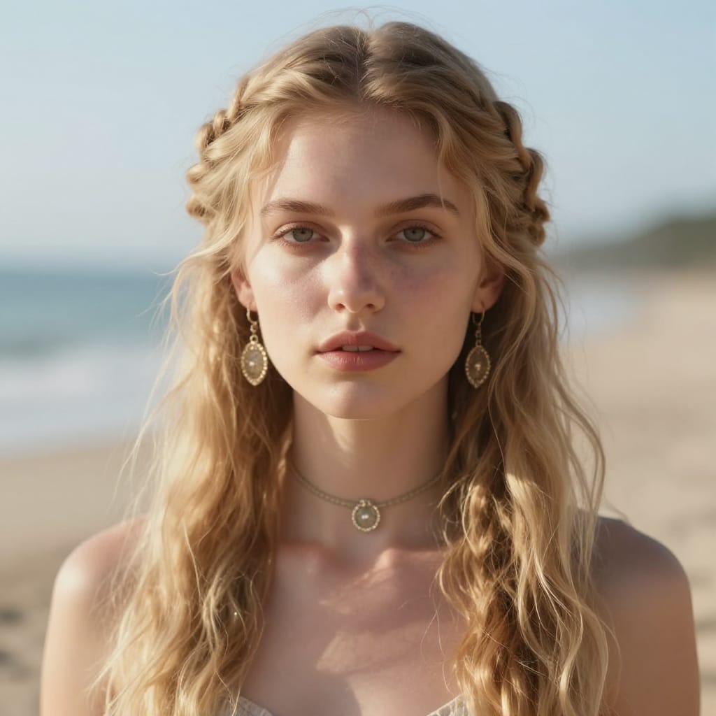 Young woman with long, wavy blonde hair in intricate braids. Soft light highlights her skin and hair. Wears choker and sparkly earrings. Background is softly blurred, suggesting a sunlit beach. Calm, peaceful vibe.