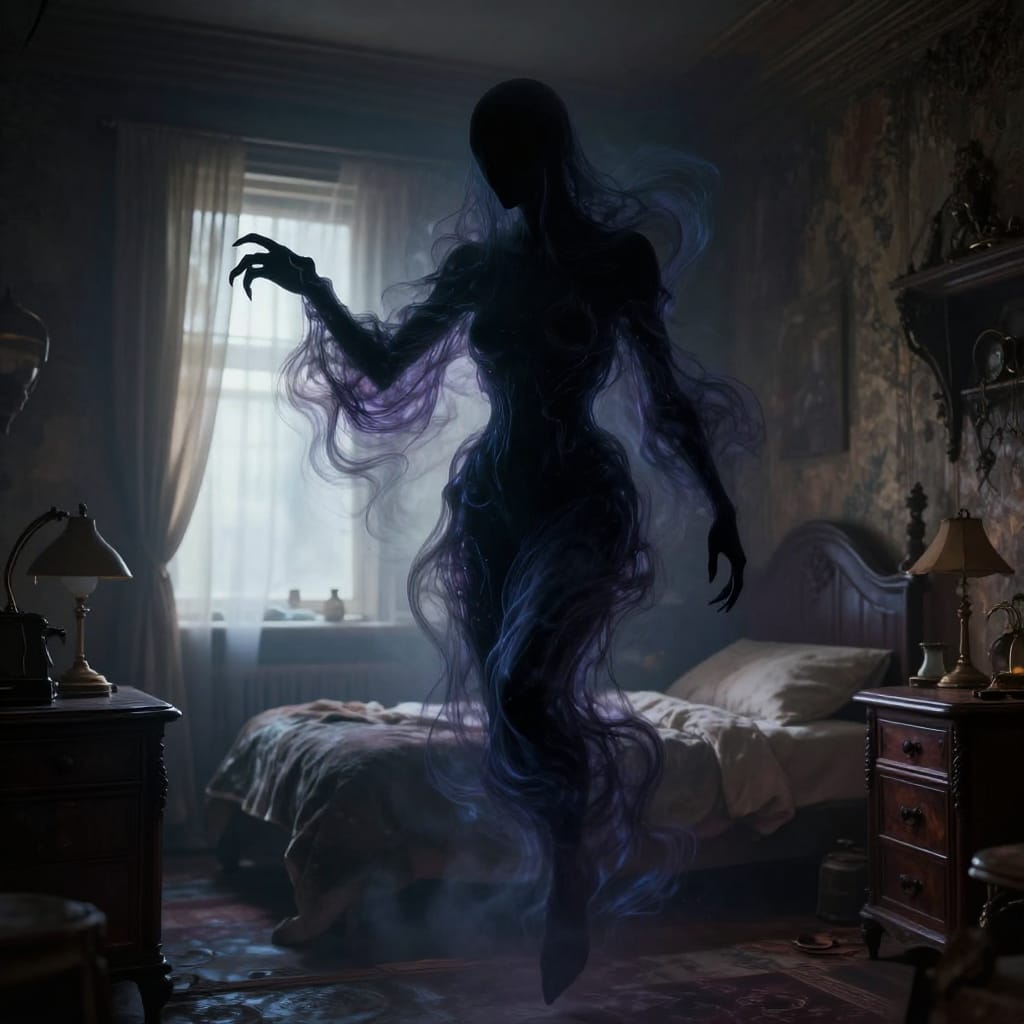 Shadowy figure made of dark swirls floats in a dim vintage bedroom. Room has warm glow from window, contrasting sharp shadows. Faceless, elongated limbs reach out. Ancient dread creates eerie atmosphere.
