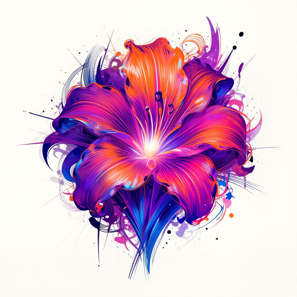 Vibrant abstract flowers mix bold vector lines and ink splatters. Neon petals swirl around a central lily, contrasted by sharp geometric shapes. Bright colors pop against a plain background, creating dynamic energy and visual tension.