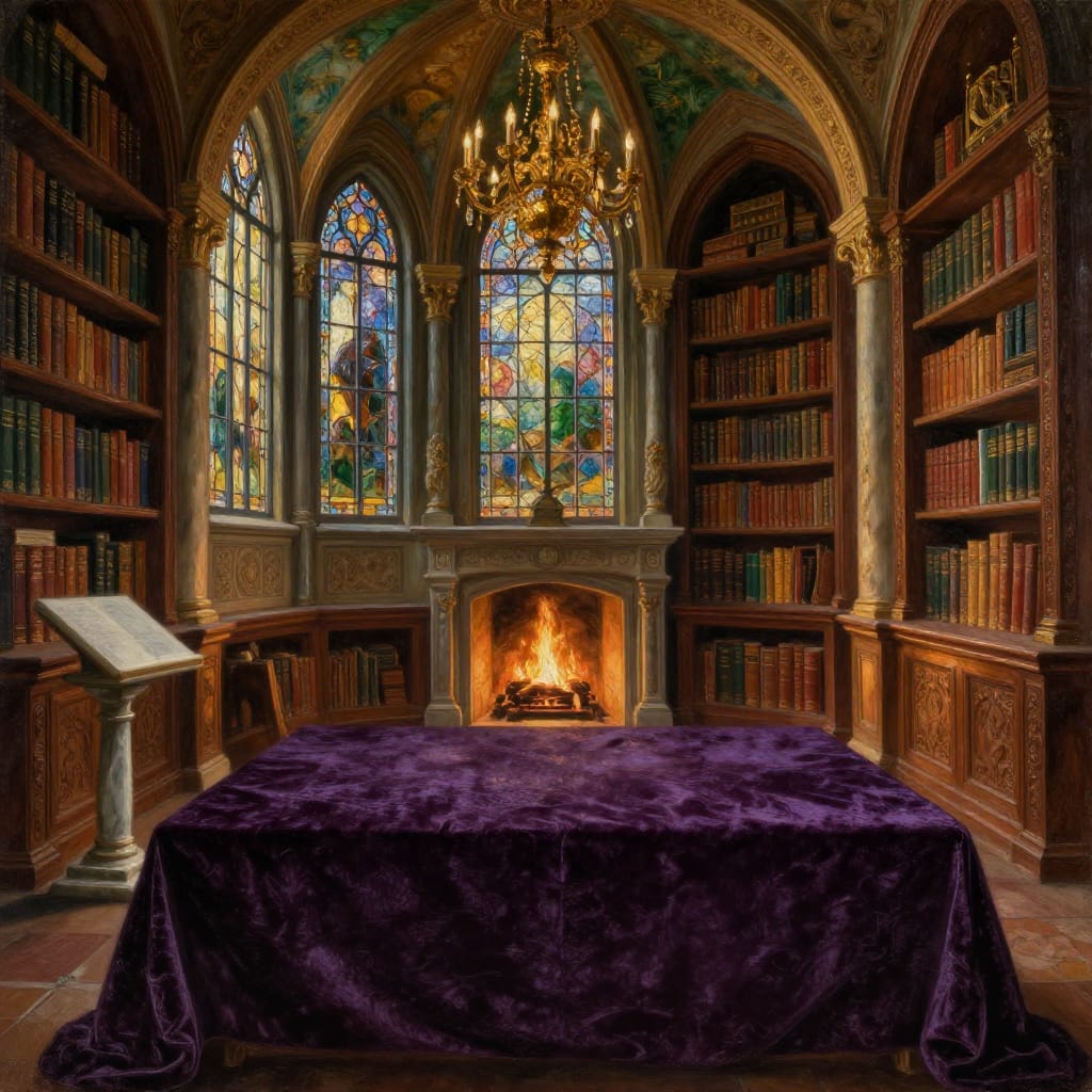A Renaissance library painting shows soft sunlight through glass windows. A carved wooden table sits under golden light, surrounded by books and a chandelier. Earth tones and deep purples create a calm, mystical atmosphere.