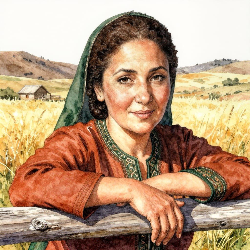 A 50-year-old Azerbaijani woman with a Senegalese hair twist leans on a wooden fence. Sunlit ranch surrounded by golden grass and hills. Ink and watercolor blend warm earth tones and deep greens. Radiating calm strength and connection to the land.