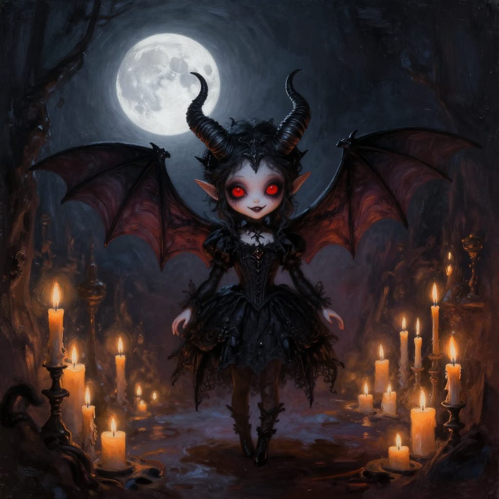 A dark, gothic doll with bat wings and horns stands in a candlelit room. Red eyes glow under a bright moon. Shadows stretch, creating a mysterious, enchanting vibe.