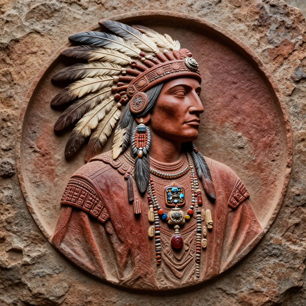 A Native American chief sculpture carved into weathered stone, centered in a circular frame. His detailed headdress and beaded necklace glow under soft light. Earthy tones and textured rock blend with his dignified pose, showing quiet strength and cultural pride.