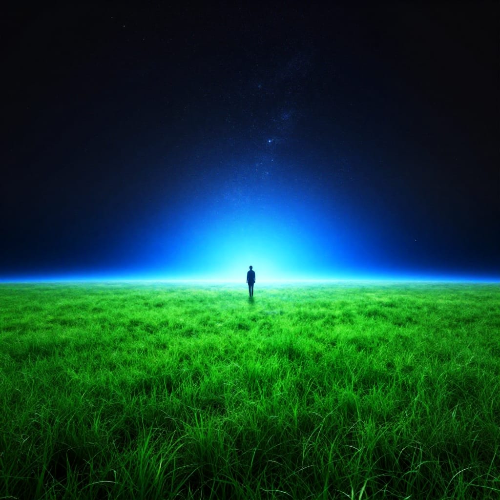 A person stands alone on a green field under a starry sky with glowing blue space. The scene contrasts vibrant green and deep blue, creating a dramatic yet peaceful vibe. Detailed textures and soft lights enhance the cosmic calm.
