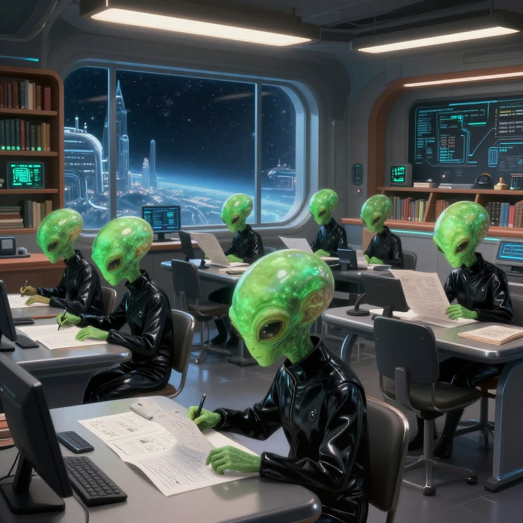 Futuristic classroom with green aliens in black uniforms studying. Bright lights highlight their iridescent skin and glowing books. Tech-filled space with sleek desks and windows showing cityscapes. Calm, detailed scene focused on learning.