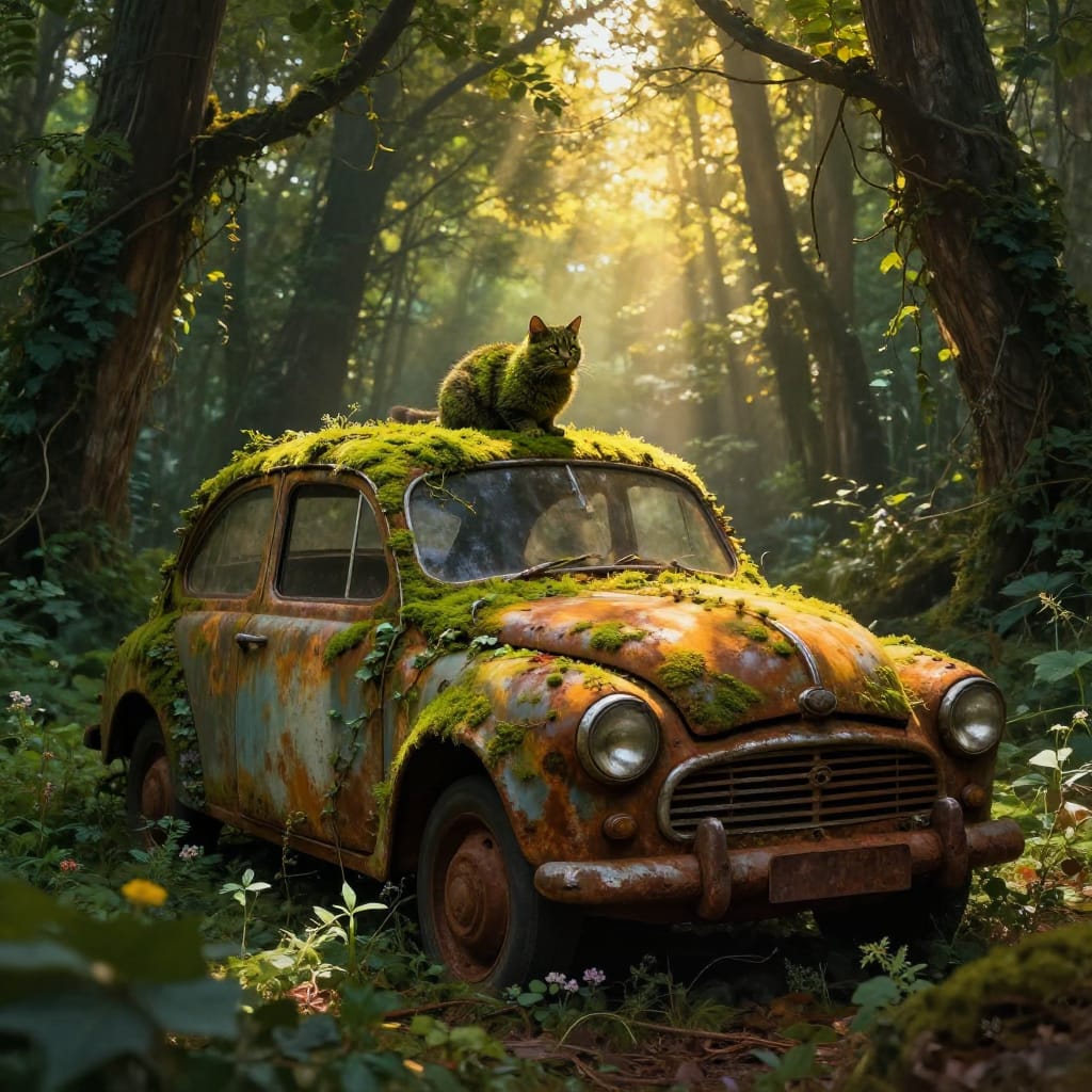 A vintage car covered in vines and wildflowers sits in a forest, lit by golden sunlight through the canopy. A cat with mossy fur gazes from its roof. The scene is serene, detailed, and filled with quiet wonder.
