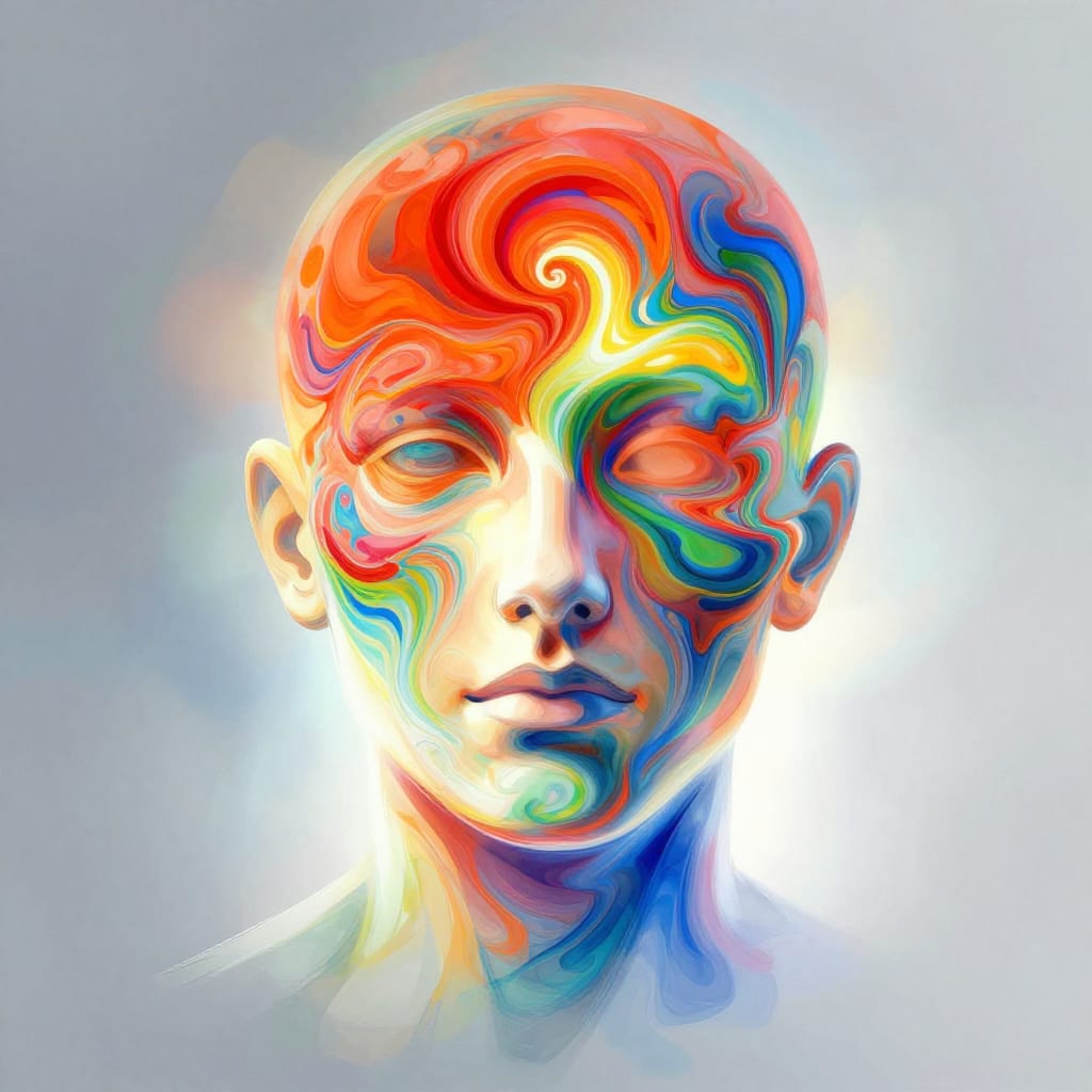 A centered human head silhouette in smooth abstract strokes, vibrant swirling colors spreading out. Soft light highlights the shape, casting gentle shadows. Balances organic form with chaotic energy. Clean, modern look. Inspiring and thought-provoking.