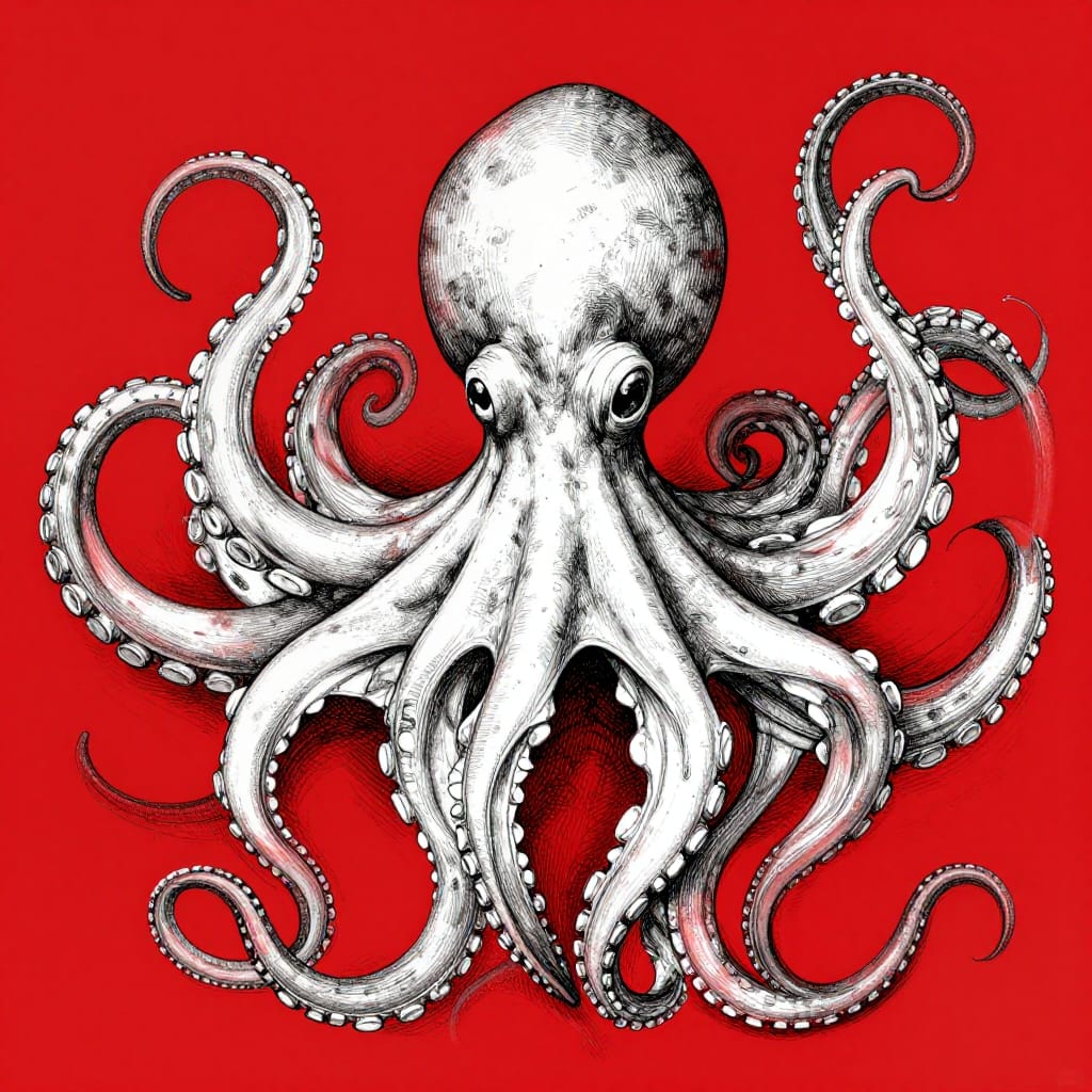 A black and white pen drawing of an octopus on red. Intricate patterns show its skin, tentacles swirl in motion. Balanced layout, mysterious, no shadows.