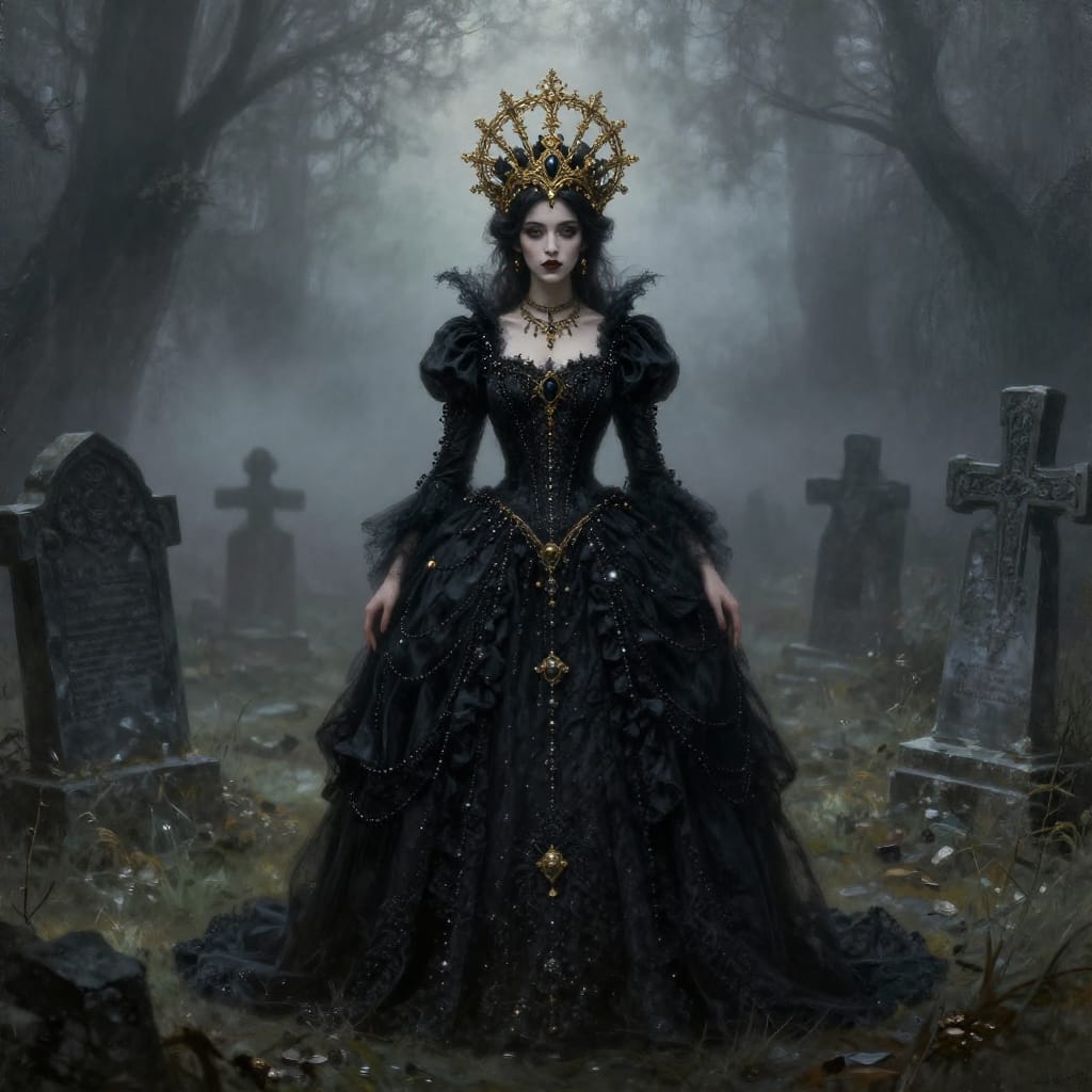 A woman in a black gothic dress stands in a misty graveyard. Her dress has shiny beads, and she wears a golden crown. Fog softens the scene, with light casting shadows. The mood is eerie and mysterious, with dark colors and detailed textures.
