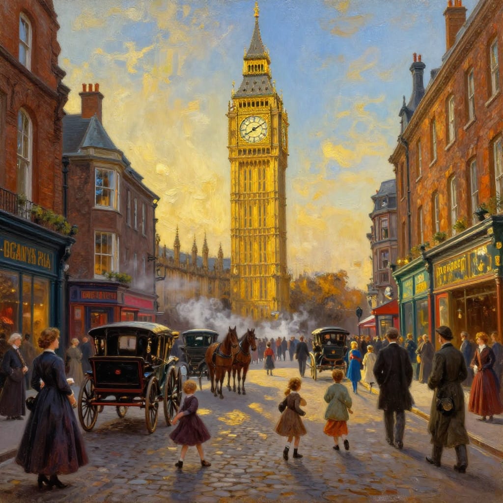 Painting shows 19th-century London street with Big Ben clock tower. Crowd in early 20th-century clothes, horse carriages, and shops bathed in golden light. Steam rises from tower. Warm colors and detailed textures capture historical grandeur and quiet energy.