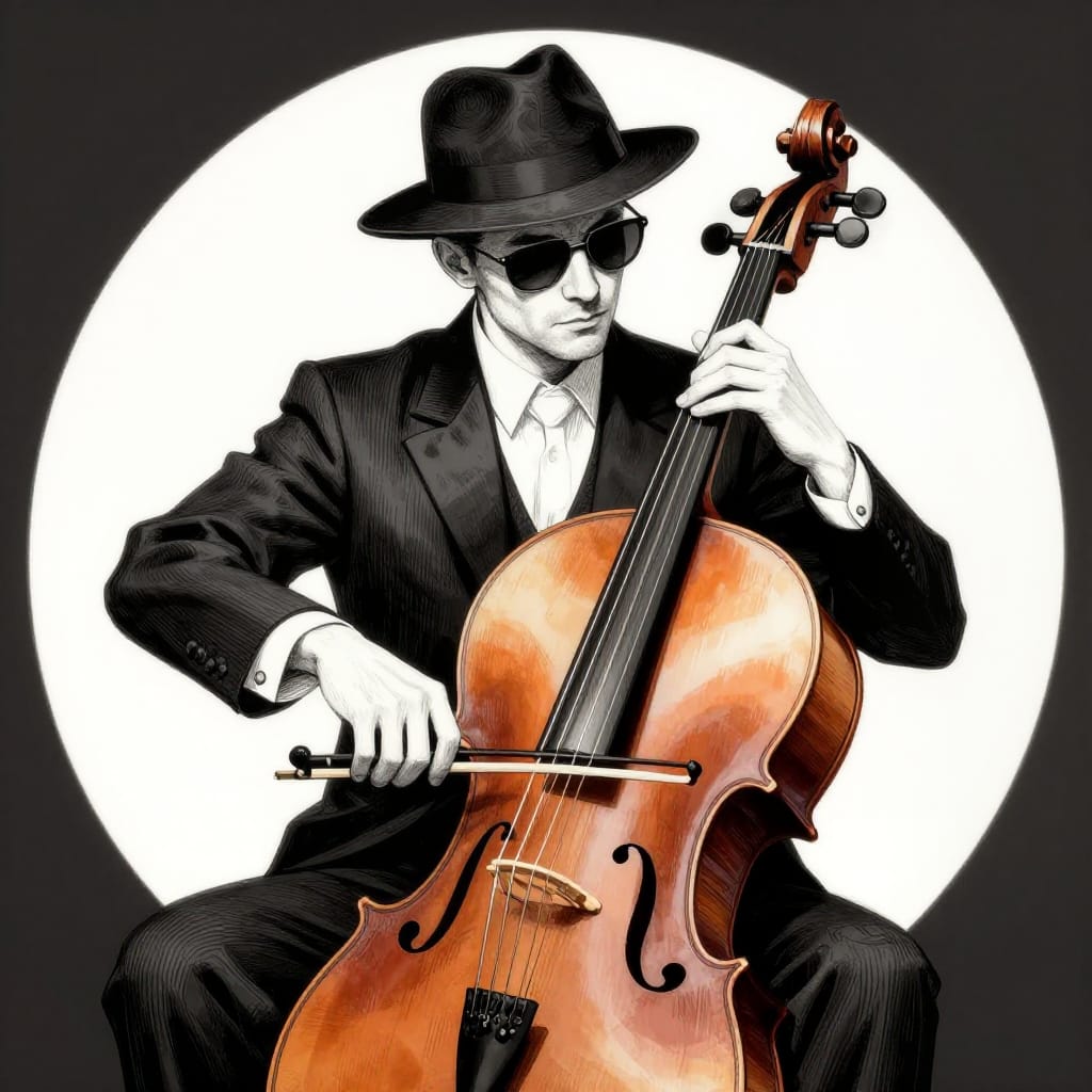 A man plays cello in a bold, graphic style with black, white, and gray. Subtle warm tones highlight his suit, hat, and sunglasses. Soft lighting shows textures. The circular background focuses on his intense, mysterious performance.