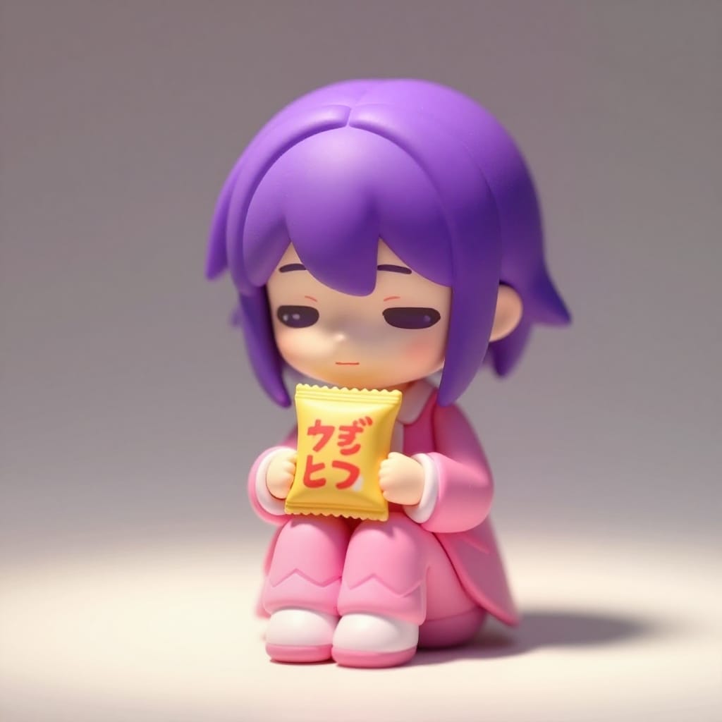 A tiny toy figure with purple hair and a pink-white outfit holds a yellow snack labeled in red Japanese text. Anime-style, minimalist background with soft lighting highlights its features. Quiet, thoughtful look with a gentle smile.