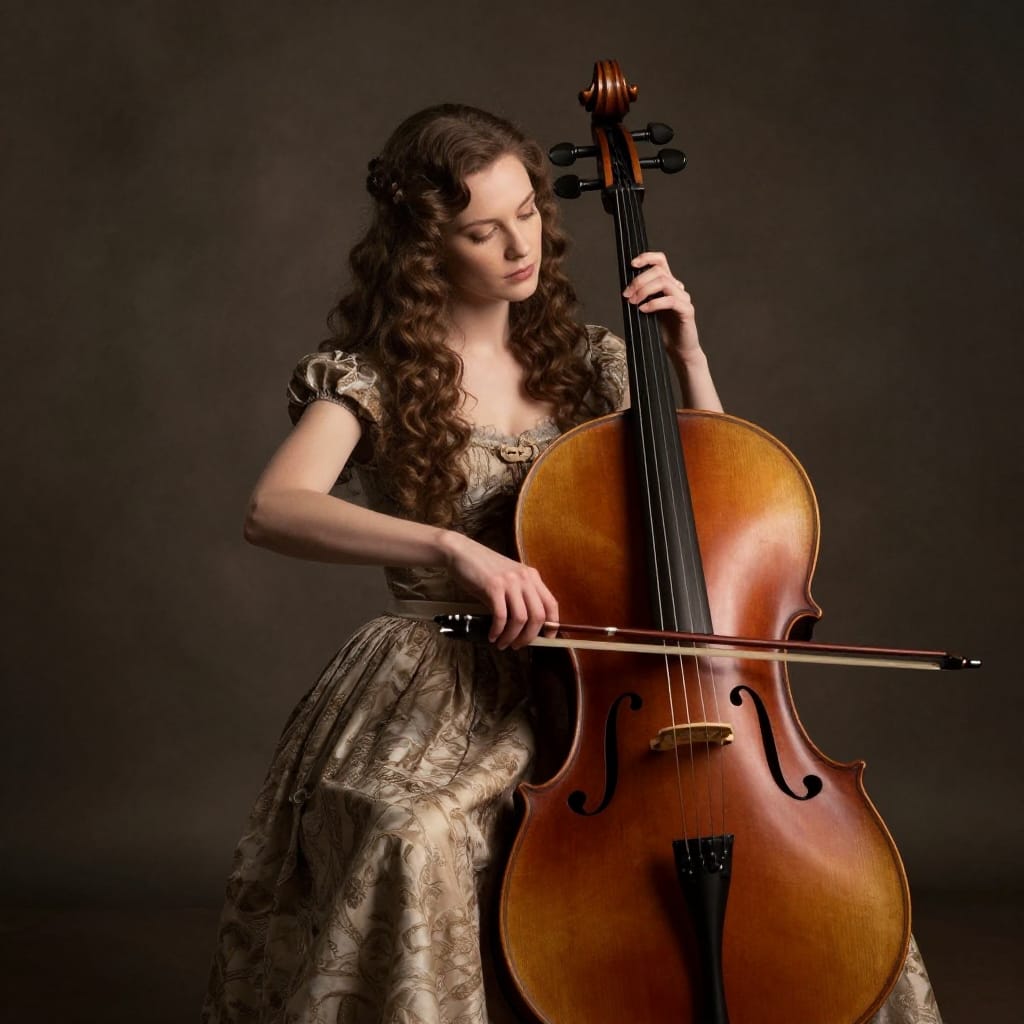 A woman in a patterned dress plays a richly colored cello in a vintage studio. Soft lighting highlights her face, while the cello’s carved body draws the eye. Sepia tones and a neutral background create a timeless, peaceful scene.