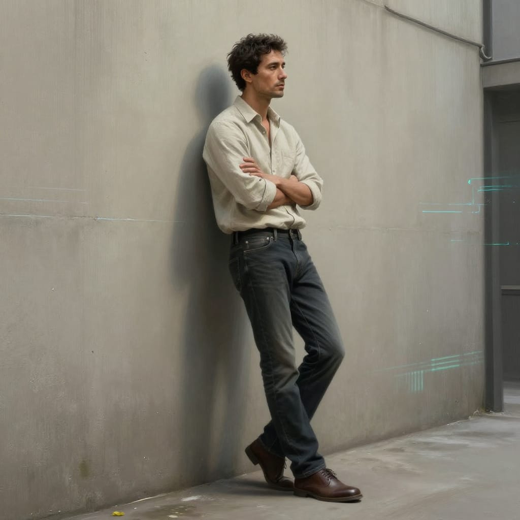 A guy leans against a concrete wall in a cyberpunk alley. He wears a light shirt, jeans, and brown shoes. Soft lighting casts gentle shadows. Subtle neon glows and holographic patterns add a futuristic touch. Detailed textures and calm mood blend real and imagined elements.