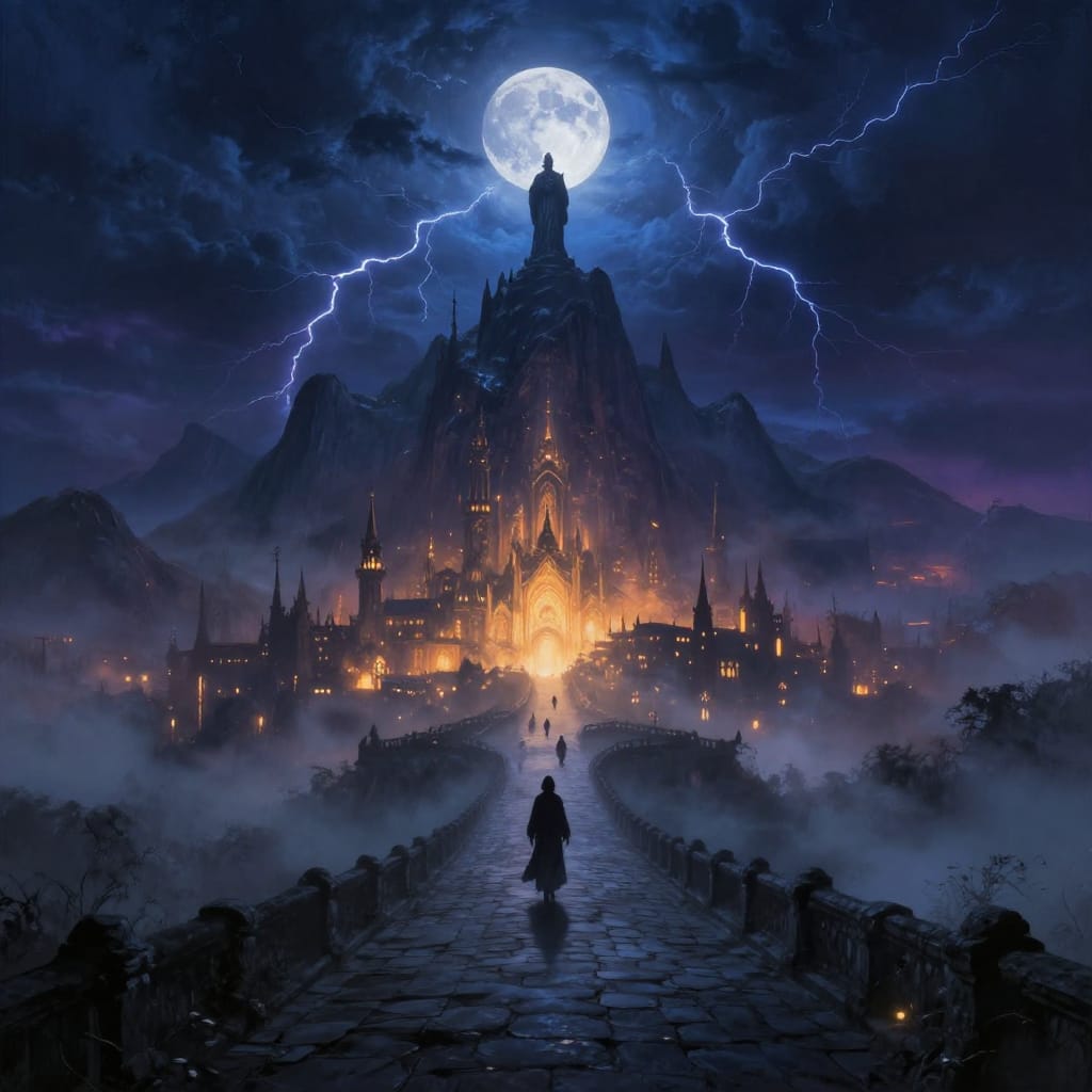 A mystical city glows under a stormy night sky. A winding path leads to its radiant lights, while a towering mountain holds a regal statue. A full moon casts cool blue light, and jagged lightning streaks across the dark clouds. Warm city lights pierce the mist, guiding robed figures toward the luminous heart of the sacred place.