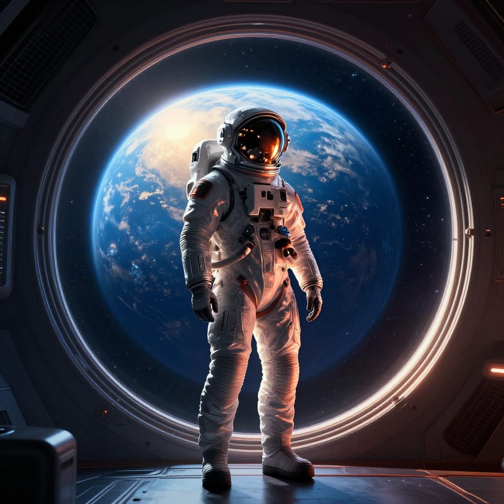 Astronaut in sleek suit stares at Earth through spacecraft porthole. Cool blues and warm lights contrast. Earth’s glow meets space’s dark. Cyberpunk details add depth. Quiet awe fills the scene.
