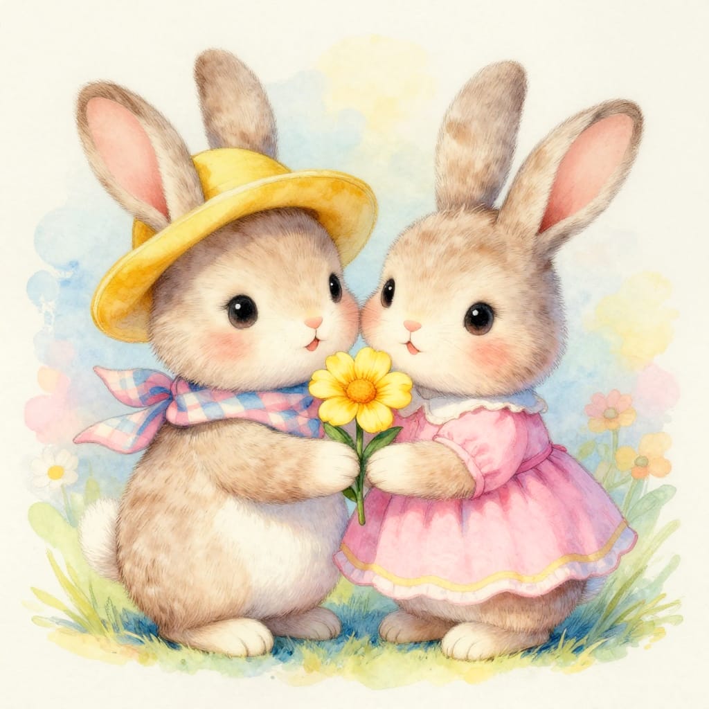 Two bunnies hold a yellow flower, dressed in bright clothes. Soft pastels and warm light make the scene feel cozy and nostalgic. Their playful faces add to the sweet, timeless charm.