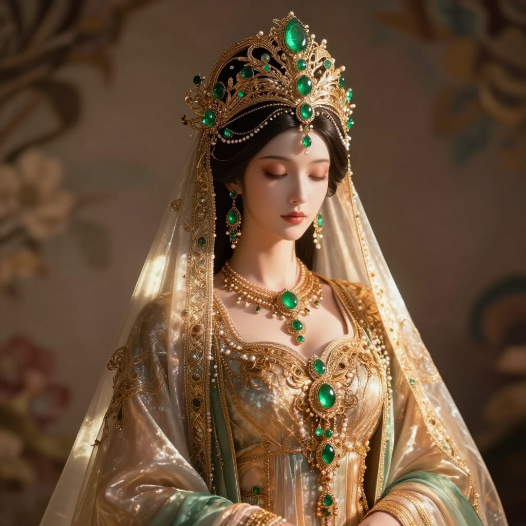 A regal figure in detailed traditional clothes stands centered. Flowing fabric, intricate jewelry, and a gemstone headdress catch warm light. A translucent veil drapes gracefully. Soft shadows and rich colors create a timeless, magical look.