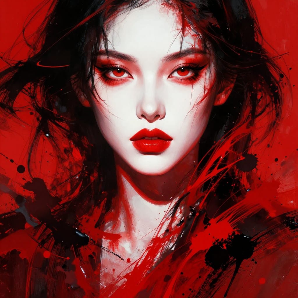 A woman with red lips and intense eyes glows under dramatic lighting. Bold splatters of red and black swirl around her, creating sharp contrasts. The mix of smooth and textured paint adds energy, making the scene intense and vivid.