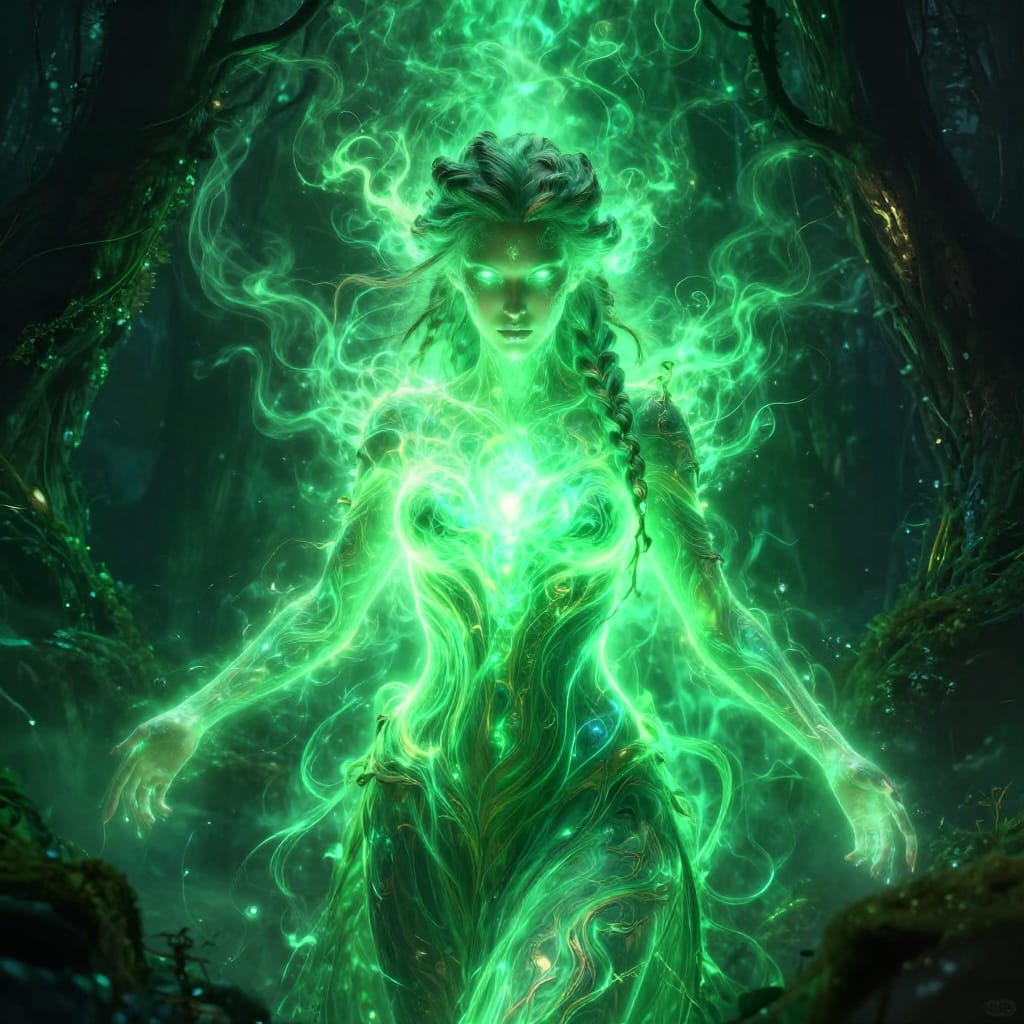 A woman glows with green energy, her eyes and arms pulsing. Braided hair frames her face, contrasting with her dark outfit. Around her, a glowing forest swirls with green mist and light. The scene blends digital art with organic details, creating a mystical, immersive fantasy.