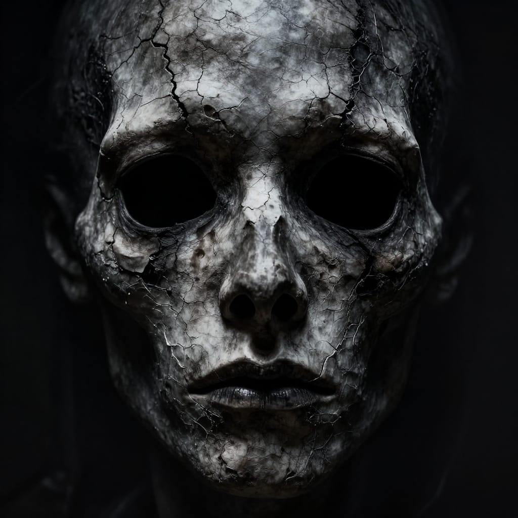 A ghostly face cracks in dark, detailed art. Black, white, gray. Skeletal, fractured like dried bone. Hollow, shadowy sockets. Thin, frayed lips. Shadows highlight cracks. Feels fear, decay, ancient loss.