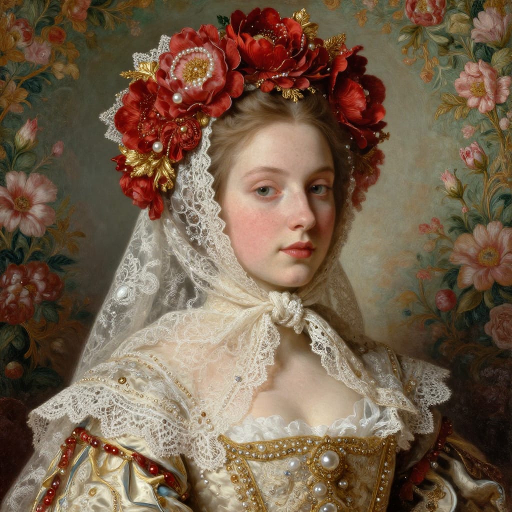 Regal woman in Baroque-style painting wears opulent red and gold headpiece with lace and pearls. Cream dress has intricate lace. Soft lighting highlights her serene face and detailed textures. Background has muted green and pink floral patterns. Overall look is elegant and rich.